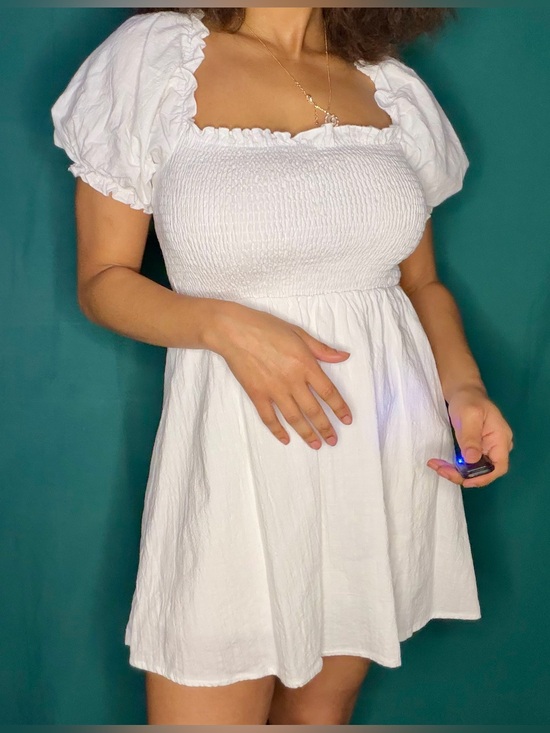 Showpo. Dresses & Skirts - White Showpo Ruched Puff Sleeve Mini Dress